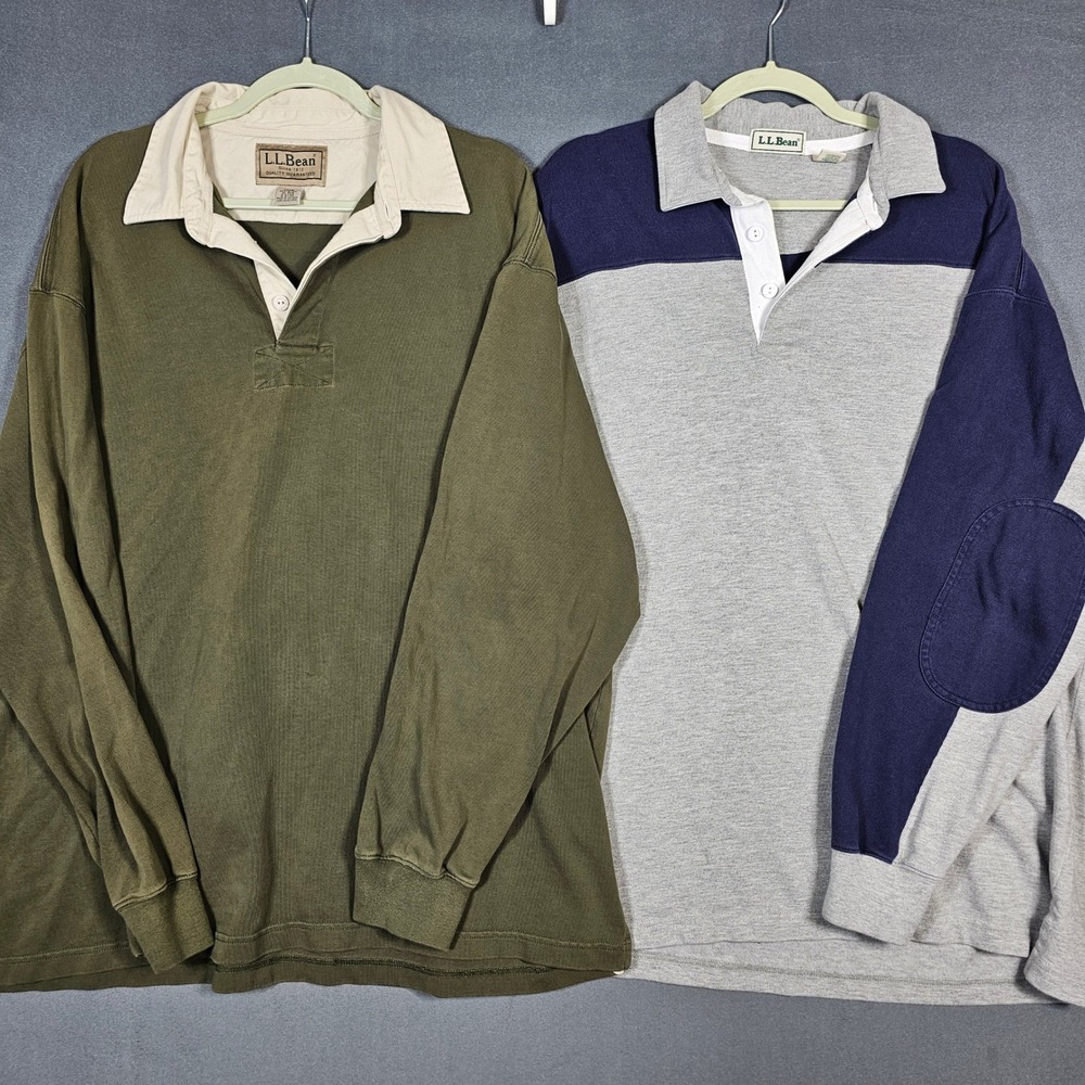 Lot of 2 LL Bean Rugby Shirt Mens XL Long Sleeve Elbow Patch Preppy Y2K